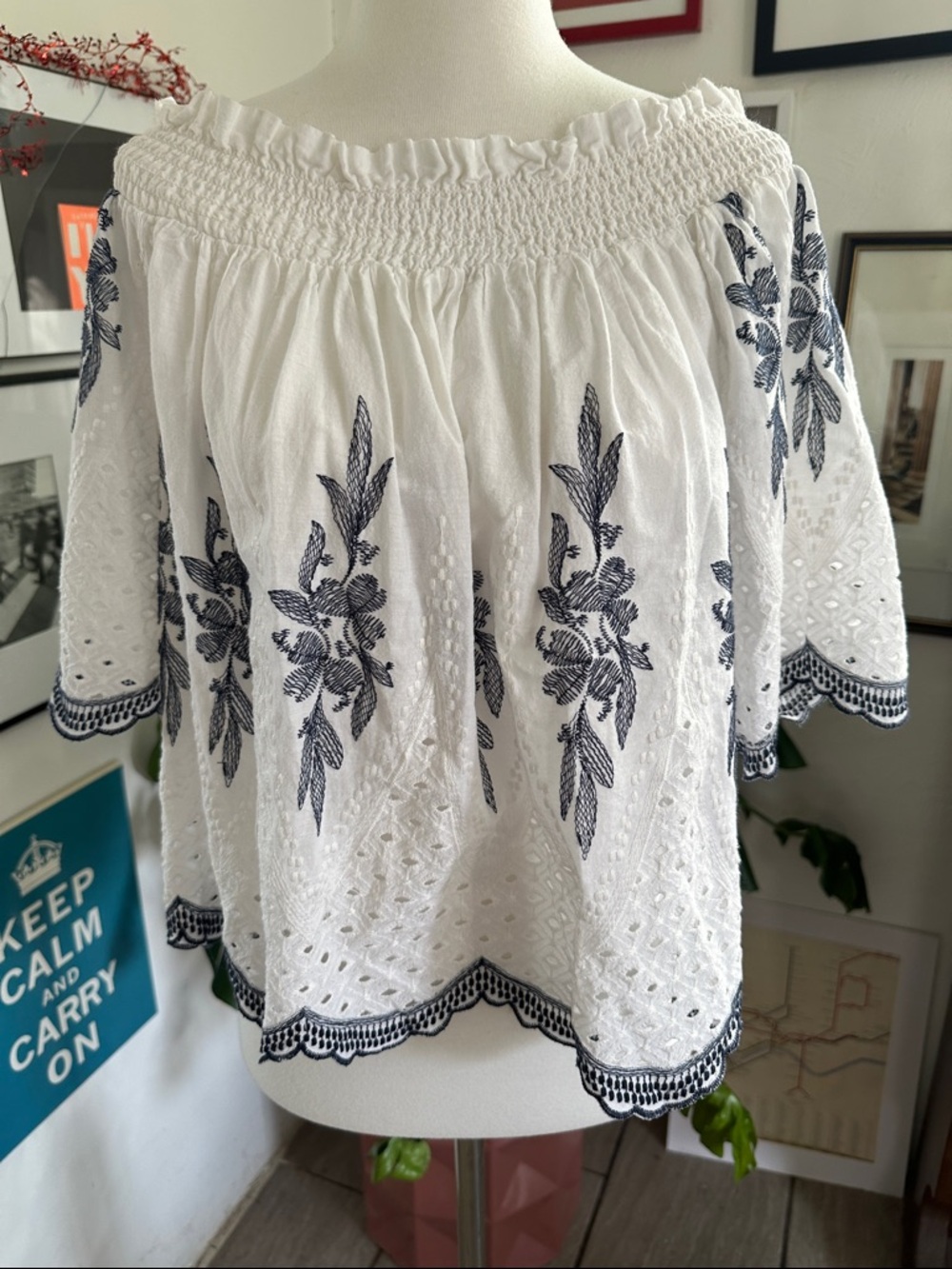 On The Road White Peasant Top with Navy Floral Embroidery One Size